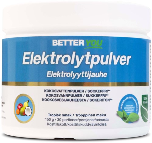 Sininen ja valkoinen astia, jossa lukee 'Elektrolyyttipulver' ja kuva kookoksesta ja hedelmistä, sopii urheiluun tai palautumiseen.