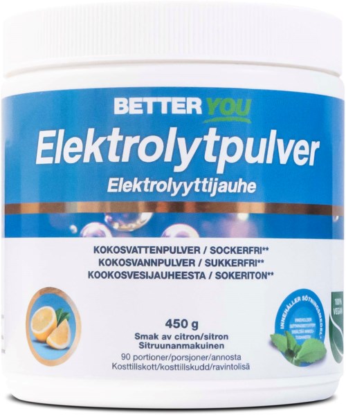 Pulveripakkaus sitruunanmakuista elektrolyytteetä, 450 g, sinivalkoisessa pakkauksessa.