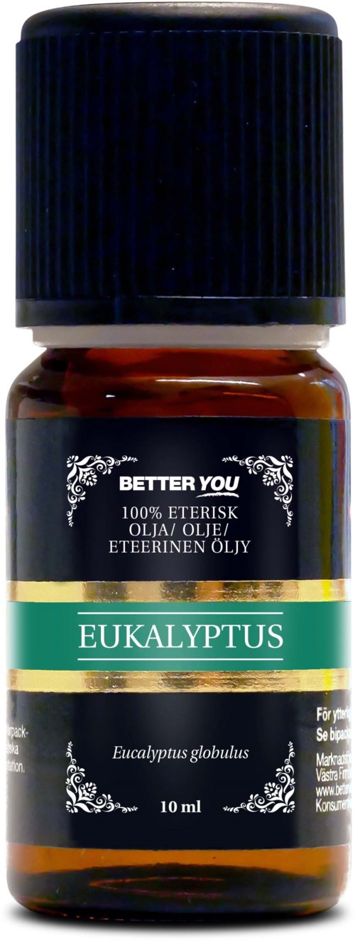 Liten brun flaske med eucalyptus essensiell olje, svart lokk og grønn etikett.