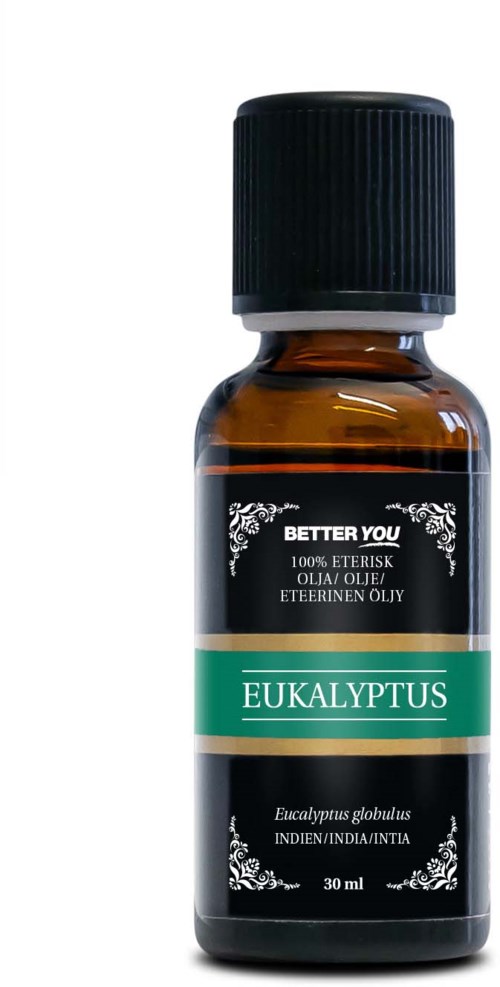 En liten brunsflaske med svart lokk merket 'Eucalyptus' for essensiell olje.