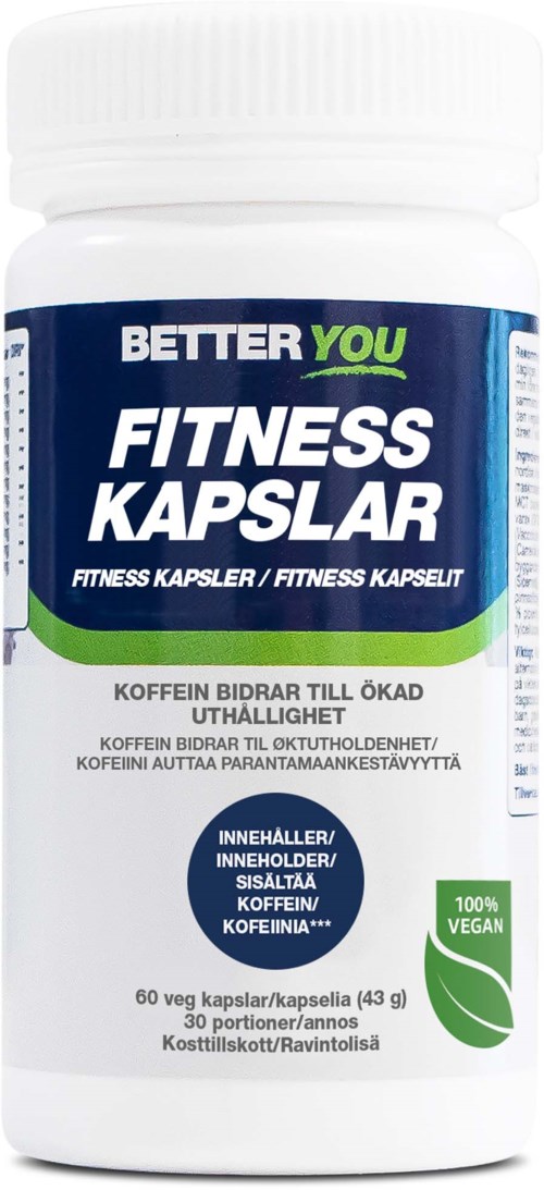 Eine Flasche mit der Aufschrift 'Better You Fitness Kapslar', enthält Hinweise auf Koffeintabletten, vegan, 60 Kapseln, Energie.