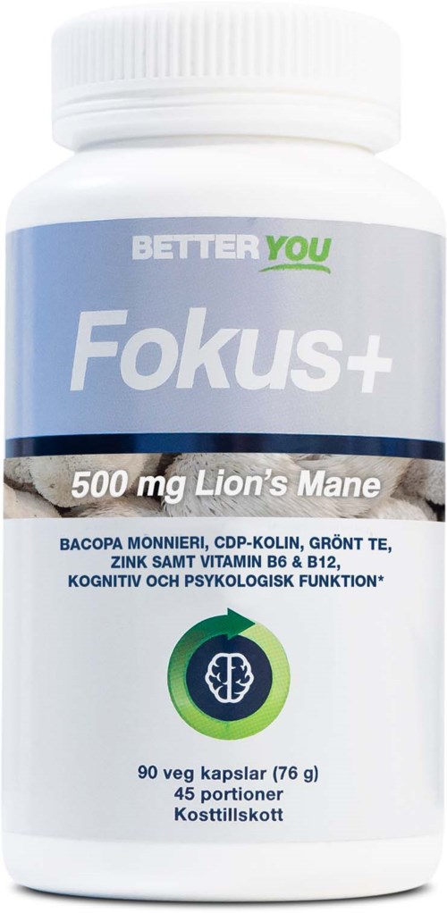 Eine weiße Flasche mit 'Fokus+' Aufschrift, enthält 90 Kapseln für Fokus und Gedächtnis.