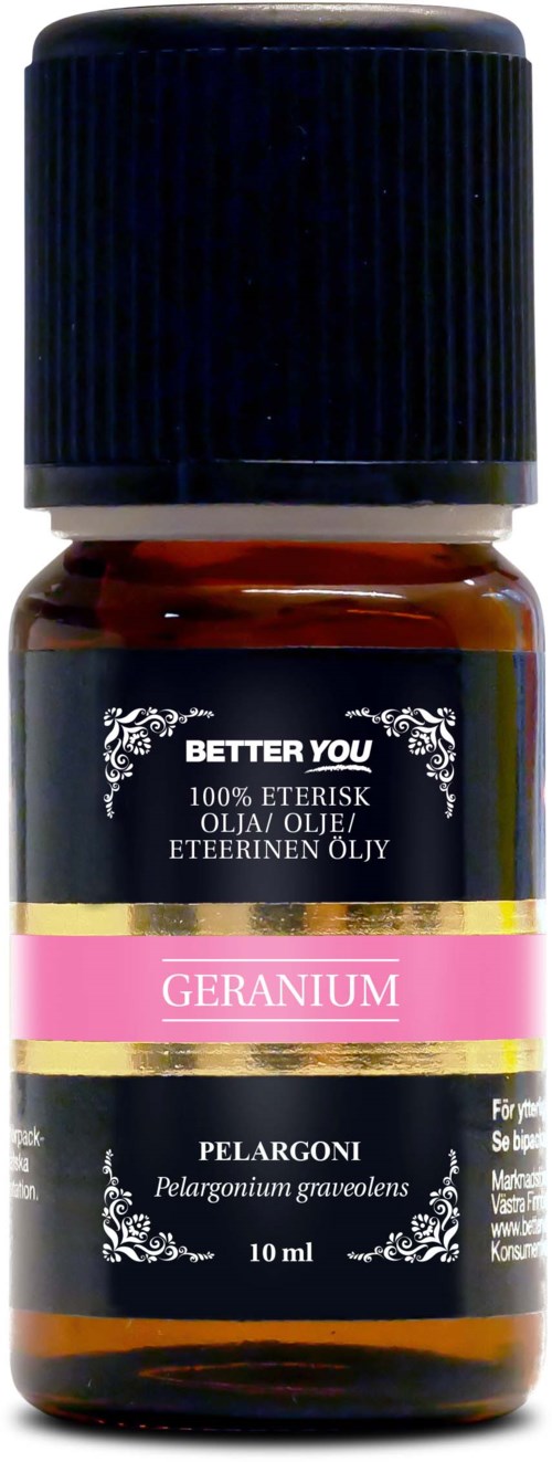 Pieni ruskea pullo, pinkki etiketti, sisältää geranium-eteerisen öljyn, 10 ml, Better You -tuotemerkiltä.