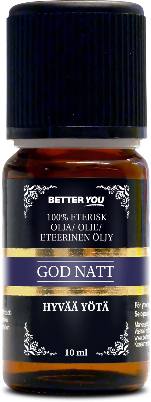 Liten brun flaska med svart lock, märkt på flera språk inklusive engelska, norska och finska.