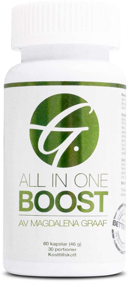 Eine weiße Nahrungsergänzungsflasche mit dem Label 'All In One Boost' von Magdalena Graaf, enthält 60 Kapseln.