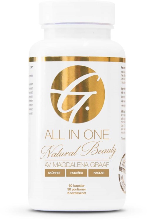 En vit flaska märkt 'All In One Natural Beauty' med en guldig logga och text, innehållande 60 kapslar.