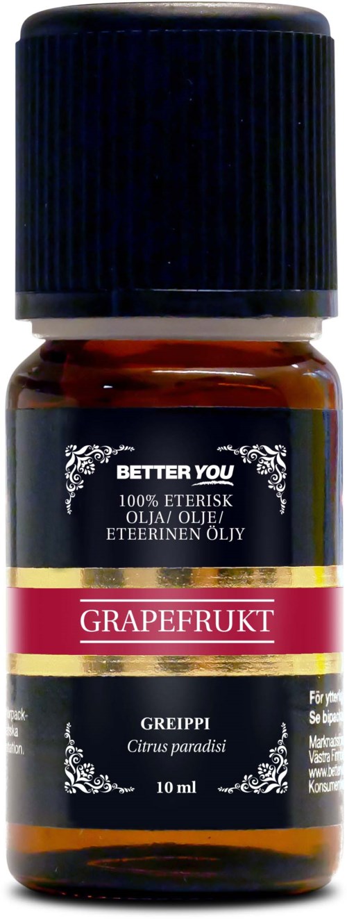Liten brun flaska med svart lock. Etiketten säger 'Grapefruit' och 'Citrus paradisi'. Innehåller eterisk olja eller doft.