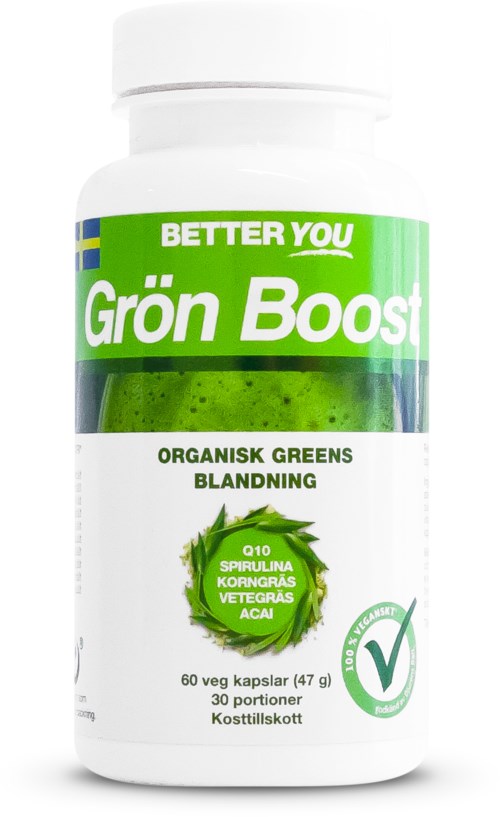 Green bottle label for organic greens supplement with leaf design and green check mark.
