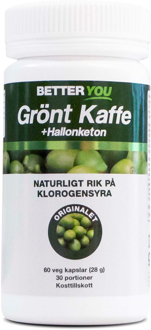 Eine weiße Flasche mit grüner und schwarzer Etikett, zeigt Kapseln, genannt "Grüner Kaffee +Hallalketon," für gesundheitliche Vorteile.