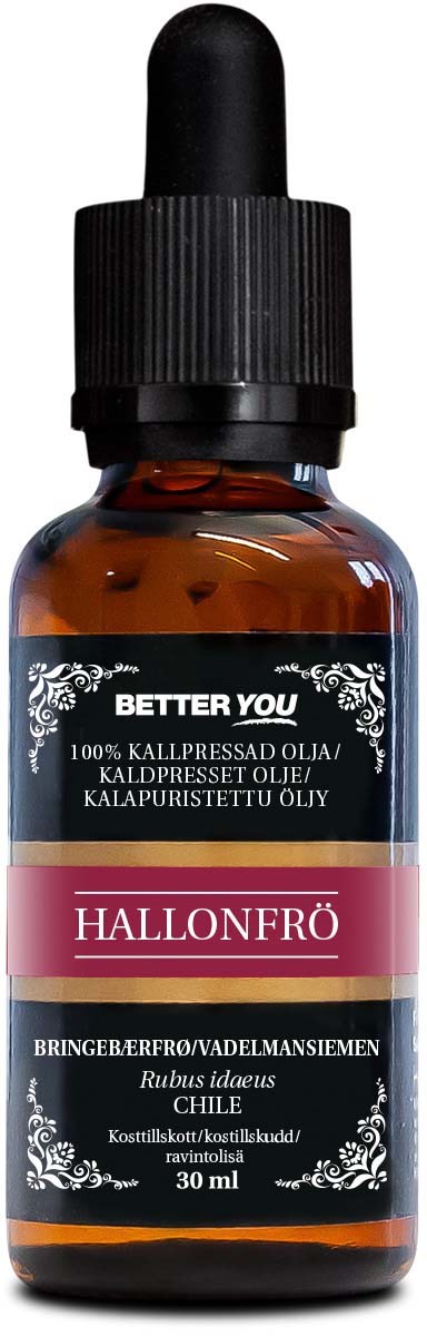 A small brown bottle with a black dropper cap containing herbal oil, labeled 'Hallonfrö' from Chile, 30 ml.