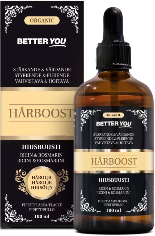 En brun flaske med urteolje og pipette, merket 'Harboost' og 'Organic,' sammen med matchende emballasjeboks.