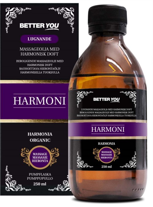Harmoni økologisk massasjolie med harmoniserende duft, 250 ml, i svart og lilla emballasje med blomsterdesign.