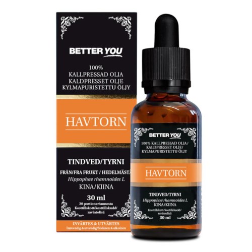 En liten ravfarget glassflaske med svart pipettekap står ved siden av en svart, oransje og hvit eske. Merket sier Better You, Havtorn, 30 ml.