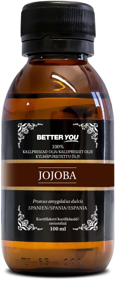 Pieni ruskea pullo, jossa musta korkki ja etiketti Jojoba öljy, 100 ml, hiusten ja ihon hoitoon.