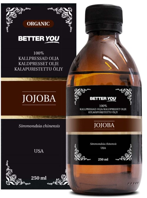 Jojobaojöl på flaska och förpackning, svart, brunt och vitt märke, 250 ml, ekologisk, för hud och hår.