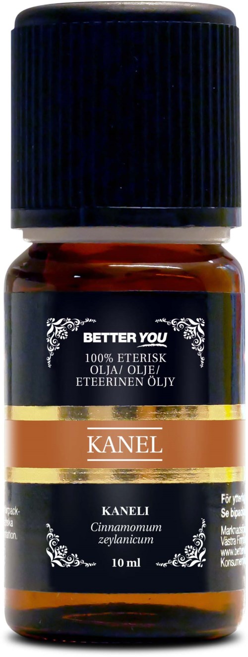 Pieni ruskea pullo mustalla korkilla, merkitty kaneli-etsöljynä useilla kielillä.