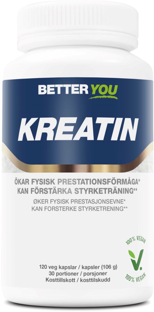 En hvit flaske med en blå og grønn etikett som sier KREATIN, fremmer fysisk styrke og ytelse.