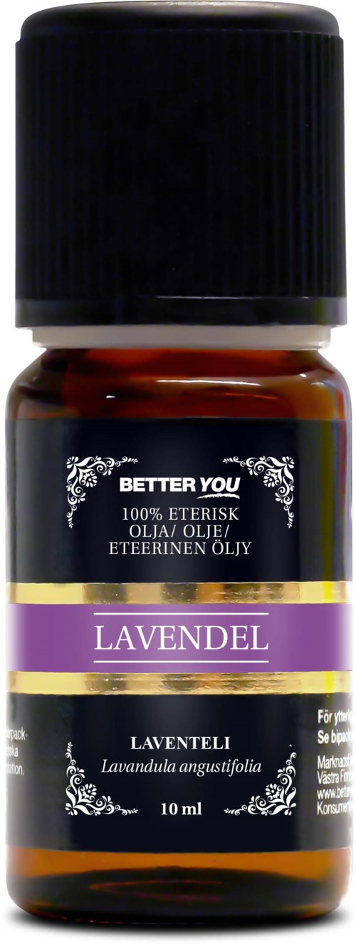 Pieni ruskea pullo laventeliöljyllä ja musta korkki.