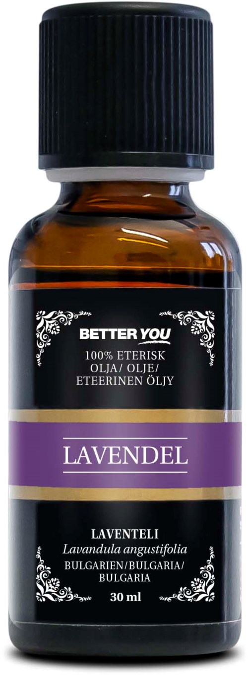 En liten brun flaske med svart hette, merket lavend essential olje, fra merket Better You, 30 ml.
