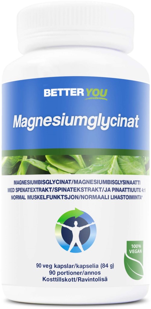 A white bottle labeled "Magnesiumglycinate" with blue and green accents. Contains 90 vegan capsules, promoting muscle health.