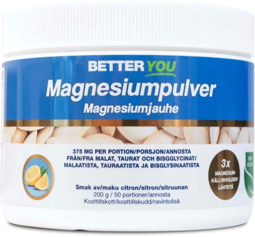 A white container labeled 'Magnesium powder' with information in multiple languages and a lemon illustration.