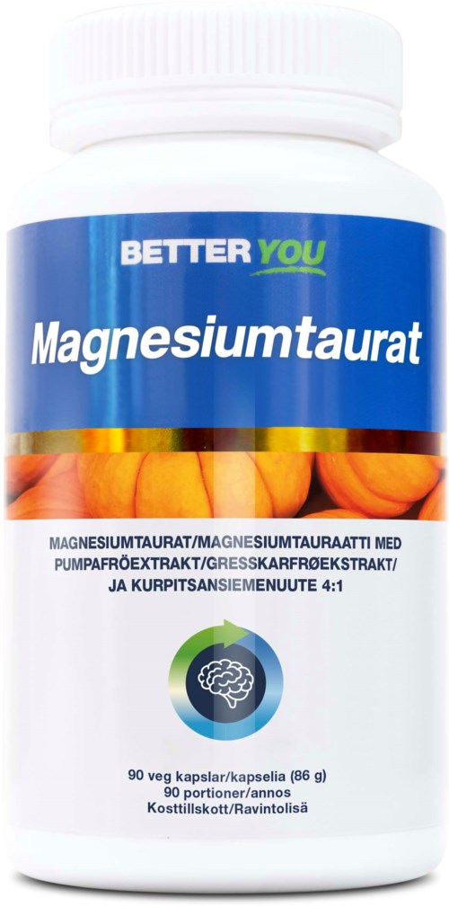 En vit flaska märkt 'Magnesiumtaurat,' med blå och gröna design, och en bild av mandlar.