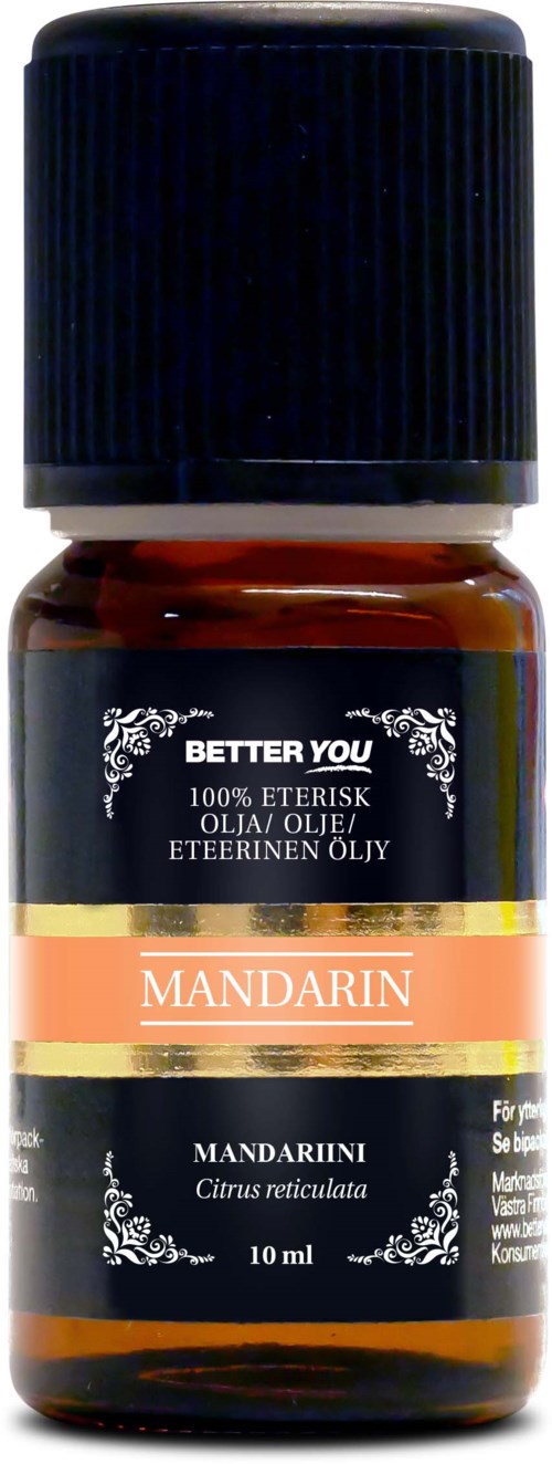 Liten brun flaske med svart lokk, merket som mandarin essensiell olje, 10 ml, for hud og aroma bruk.