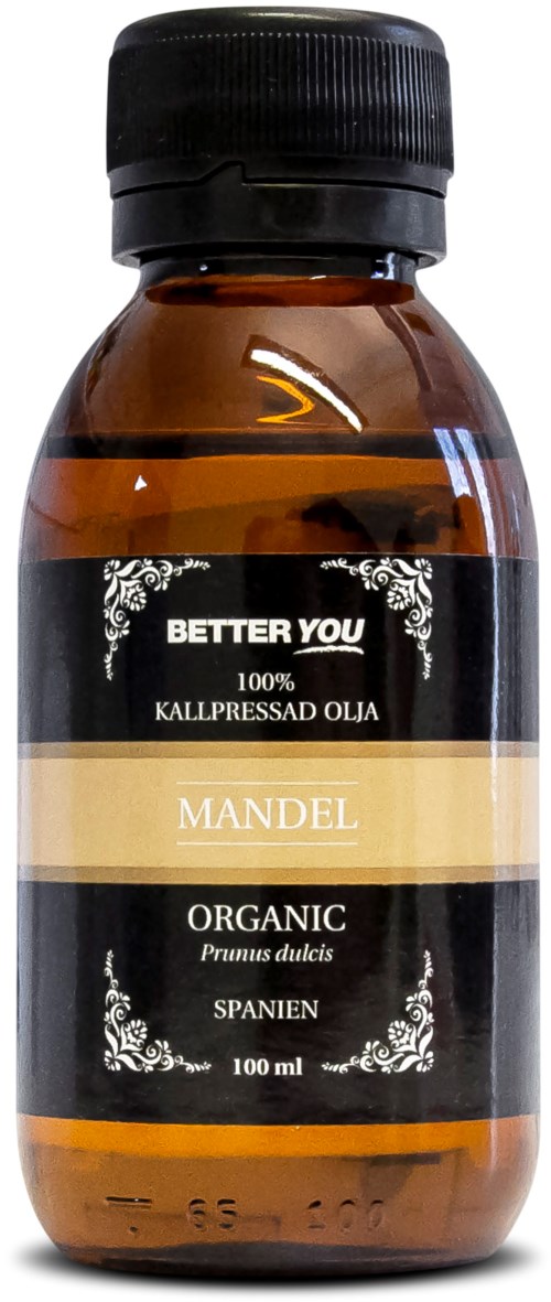 A small amber bottle labeled with details about organic almond oil from Spain, including brand and volume.
