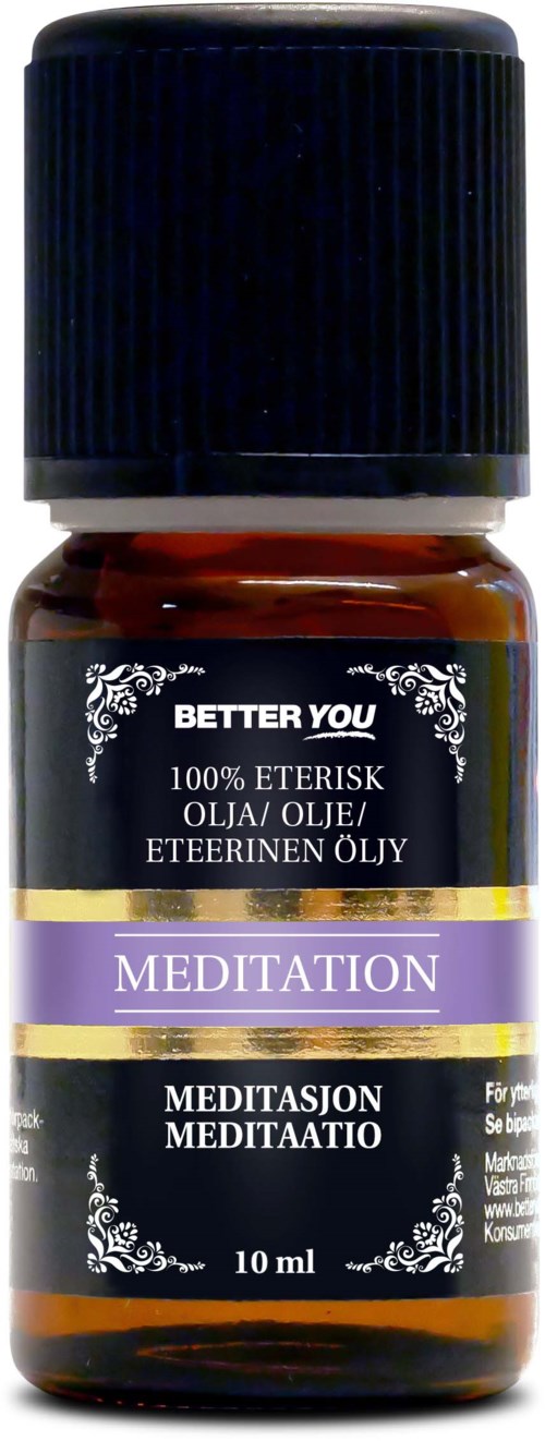Liten brun flaske med svart lokk, merket 'Meditation' essensiell olje, 10 ml, for avslapning.