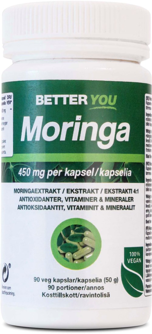 Flasche mit Moringa-Kapseln, Beschriftung 'Better You', grün-weiß, zeigt vegane und antioxidative Vorteile.