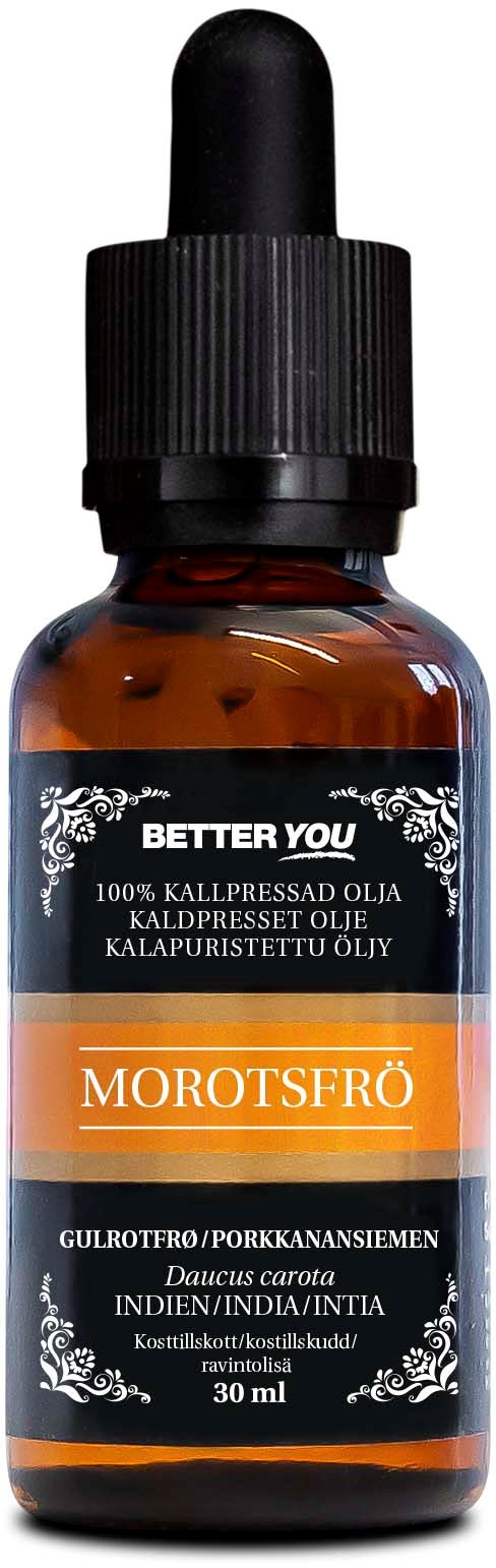 Pieni ruskea pullo, jossa on musta tippo, sisältää porkkanansiemenöljyä Intiasta, 30 ml.