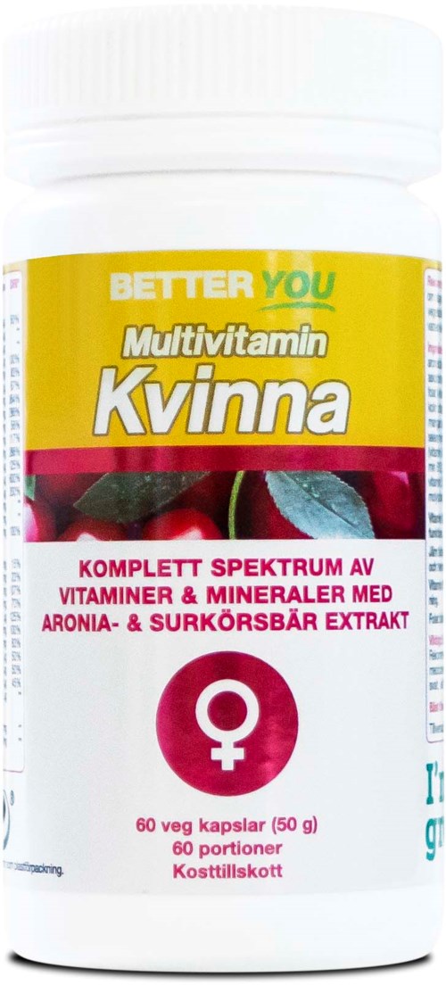 En multivitaminflaske for kvinner med gul og rosa etikett, viser bær og et kvinnesymbol.