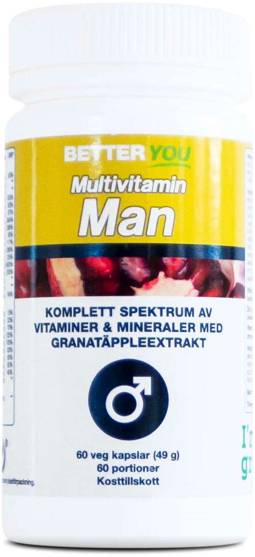 A white bottle labeled 'Multivitamin Man' with yellow, white, and blue sections, and a black male symbol.