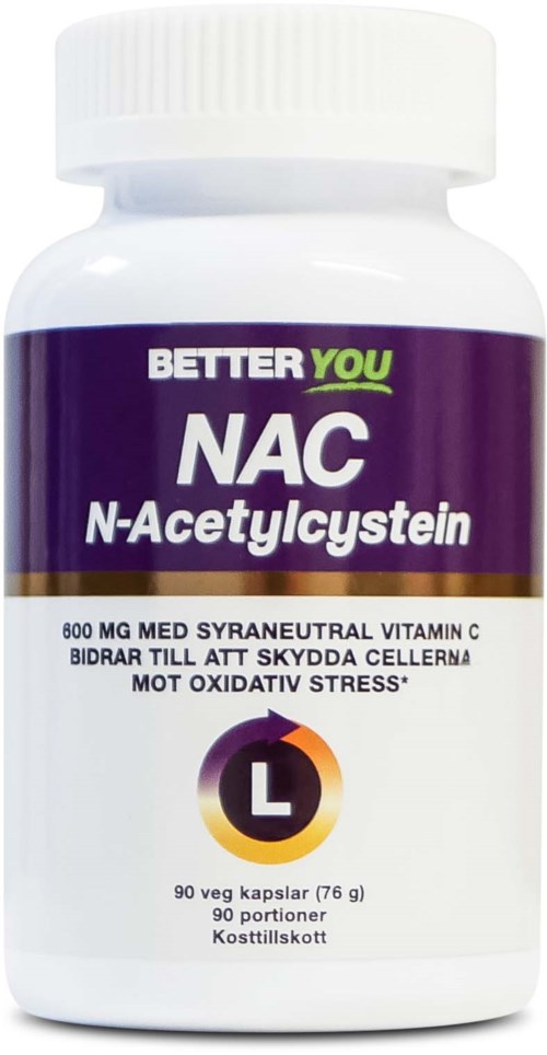Flaska med kosttillskott märkt NAC N-Acetylcystein med 90 kapslar, lila och vit design.