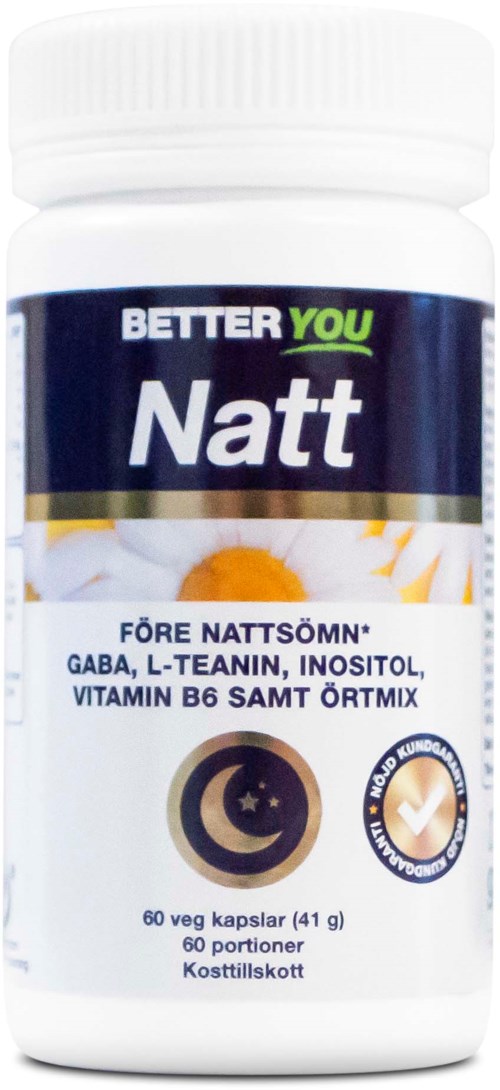 Eine weiße Flasche mit dem Etikett 'Natt' und einem Nacht-Himmel- und Monden-Symbol, enthält 60 Kapseln.