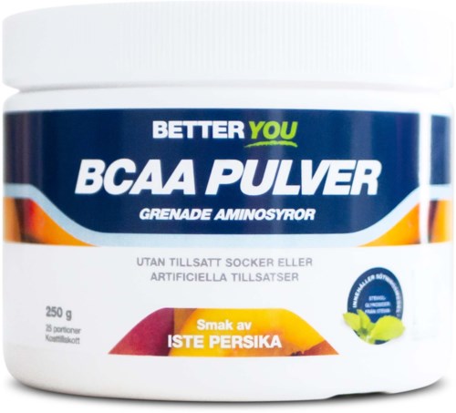 Ein weißer Behälter mit BCAA-Pulver Zitronengeschmack, kein Zucker oder künstliche Süßstoffe, 250 g.