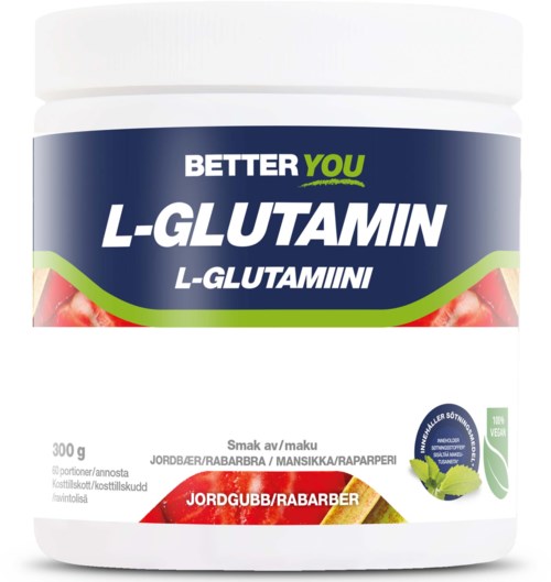 A jar labeled 'Better You' L-Glutamine in a 300g container, with strawberry flavor and images of strawberries and lemon slices.