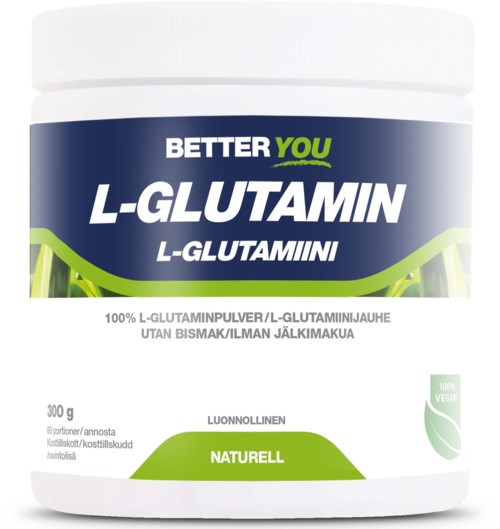 L-Glutamin Ergänzungsbehälter mit grüner und blauer Beschriftung, betont natürliche und vegane Eigenschaften, 300g.