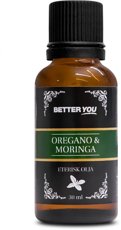 Pieni ruskea pullo mustalla kauluksella, merkinnällä 'Better You' vihreällä ja valkoisella tavalla, sisältää oreganoa ja moringan öljyä.