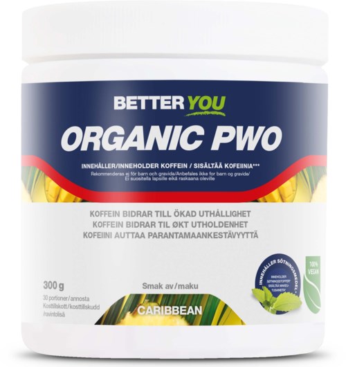 Behälter mit 'BETTER YOU ORGANIC PWO' Aufdruck, karibischer Geschmack, grünes Blattsymbol, fördert Energie und Stimmung.
