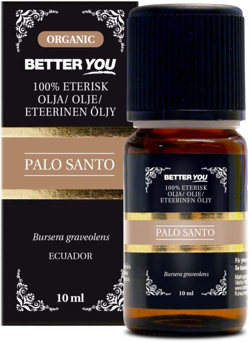 A small brown bottle with a black cap and a dark label, placed in front of a matching box, both advertising Palo Santo oil.