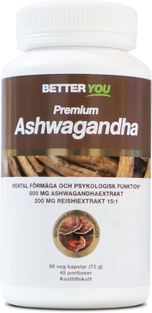 Eine Flasche mit 'Better You Premium Ashwagandha' enthält 90 Kapseln, mit Bildern von Wurzeln und einer ginsengähnlichen Pflanze.