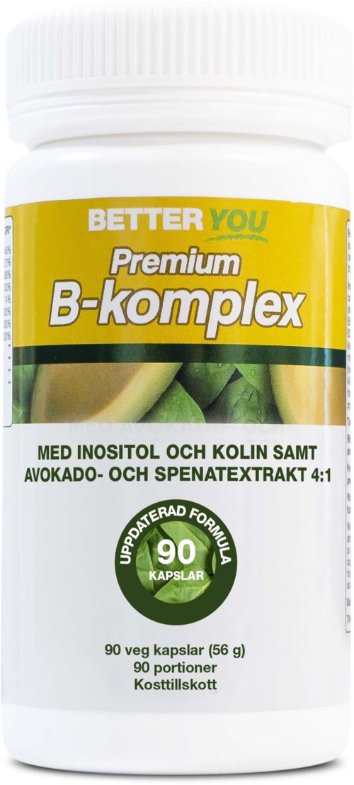 En hvit flaske med et gult label som sier Better You Premium B-kompleks, inneholder avokado og spinat, med 90 kapsler.