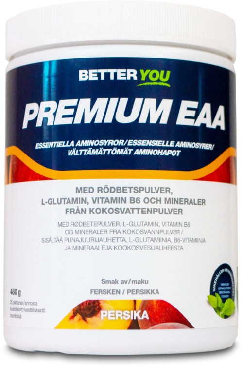 A supplement container named 'BETTER YOU PREMIUM EAA' with red raspberry flavor, containing amino acids and vitamins.