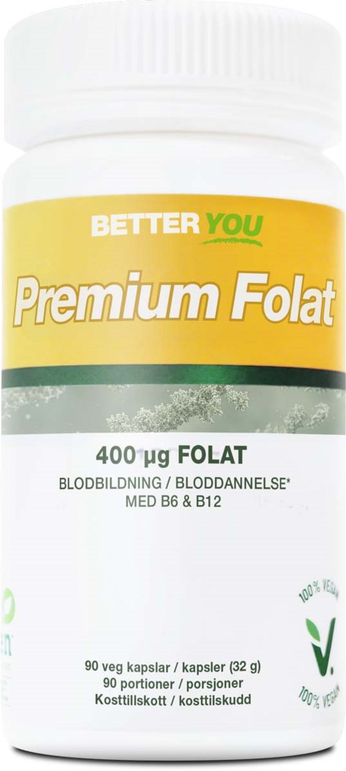 En vit flaska med gul och grön etikett för folat-tillskott, med text om B12 och blodhälsa.
