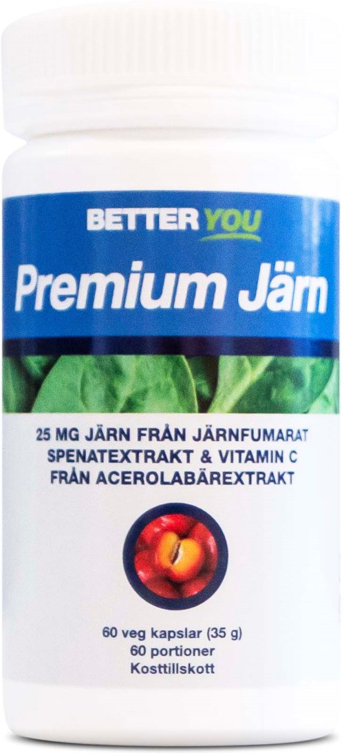 A white bottle labeled 'Better You Premium Järn' with a blue band, contains iron, vitamin C, and plant extract capsules.