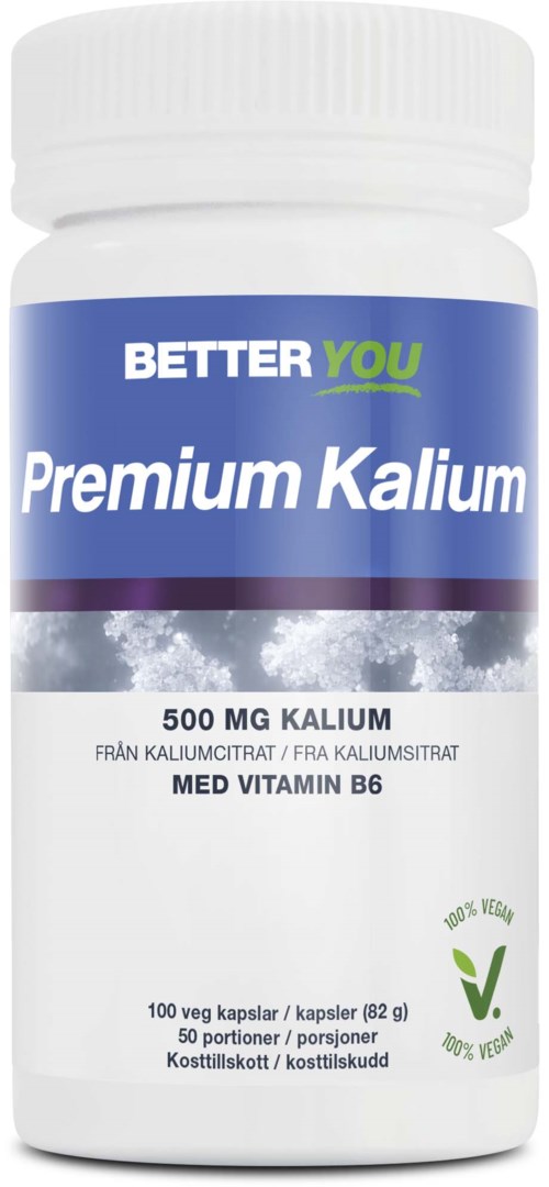 A white bottle labeled Better You Premium Kalium with 500 mg potassium and vitamin B6. It says vegan and organic.