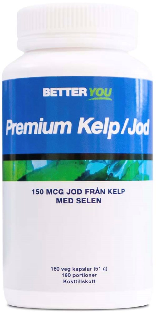 Eine weiße Flasche mit blauer Etikette, die 'Premium Kelp/Jod' und 'BETTER YOU' sagt. Enthält 160 Kapseln mit Jod aus Seetang.