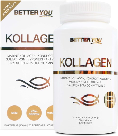 En vit flaska med en etikett som visar orden 'Kollagen' och 'Better You', och en fiskillustration. Den innehåller 120 kapslar.