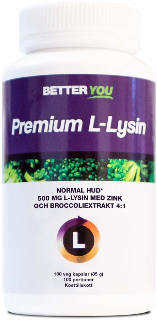Ein Nahrungsergänzungsmittel mit der Aufschrift 'Premium L-Lysin' in lila und weiß, enthält Zink und Brokkoli-Extrakt.